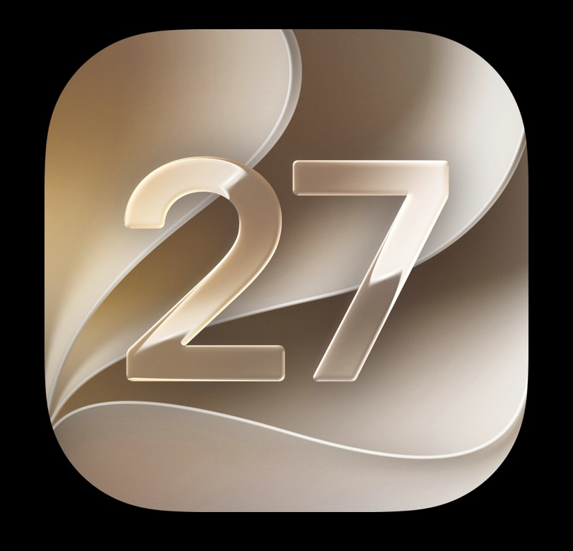 iOS 27 graphic with a soft glass-style number 27