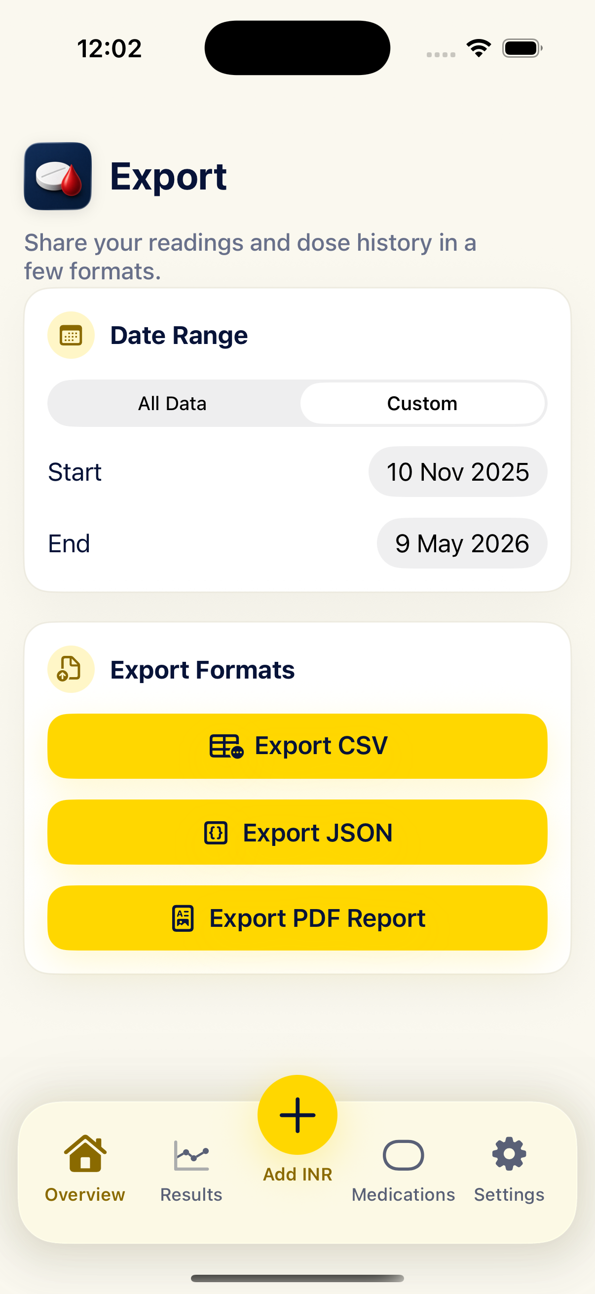INR Mate clinic visit PDF export screen