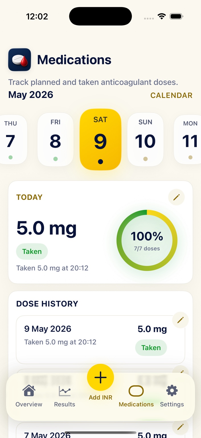 Medications screen showing dose history