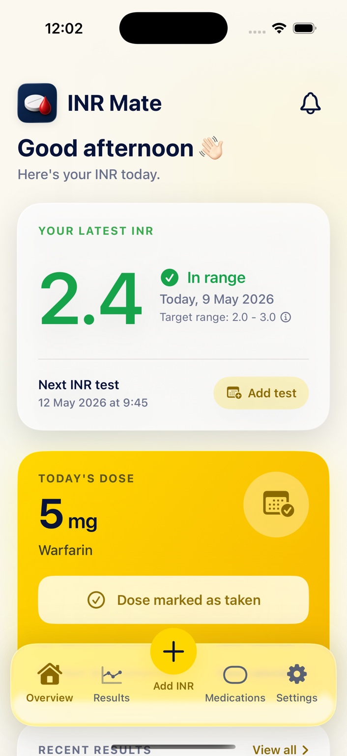 INR Mate overview screen showing latest INR and today’s dose